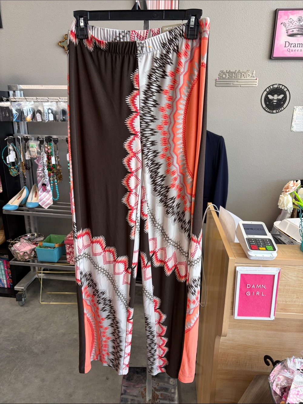 Chico's Wide Leg Palazzo Pants in Coral, Brown & White Print